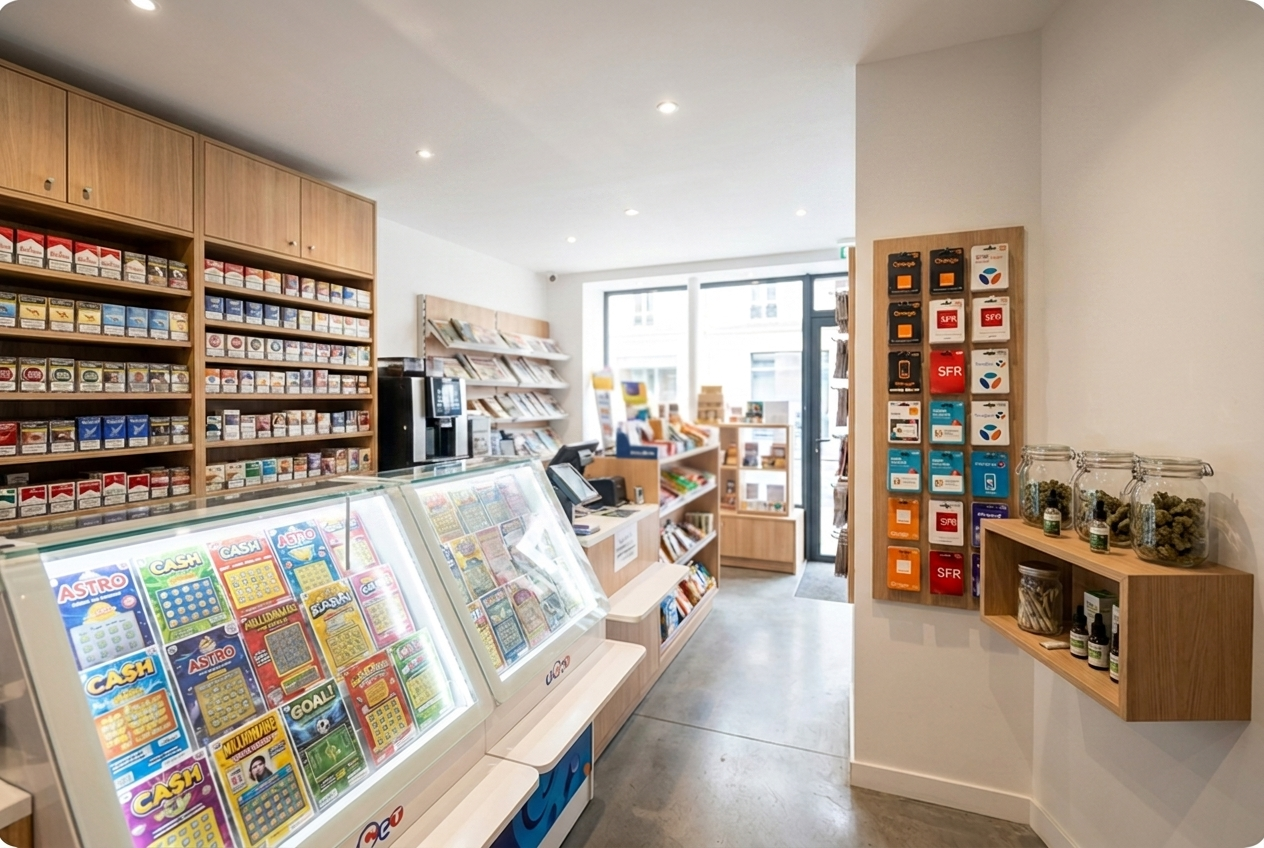 L’intérieur d’un bureau de tabac : jeux à gratter, tabac, recharges et CBD, chaque rayon suivi par Léon
