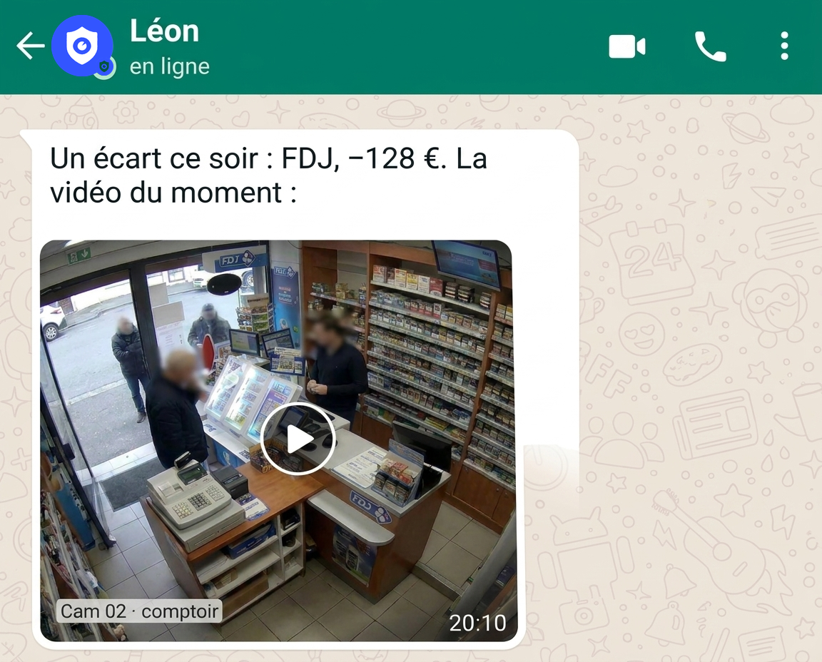 Alerte de Léon reçue sur WhatsApp, avec l'extrait vidéo du comptoir
